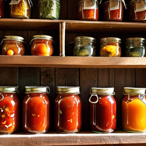 **

A rustic kitchen scene. Vintage glass jars filled with colorful homemade preserves (tomato sauce, marmalade, herbs) line a wooden shelf. Sunlight streams in, highlighting the imperfections of the aged glass.  Focus on warmth, nostalgia, and the charm of a traditional Italian countryside kitchen.  Include some old-fashioned kitchen utensils.

**