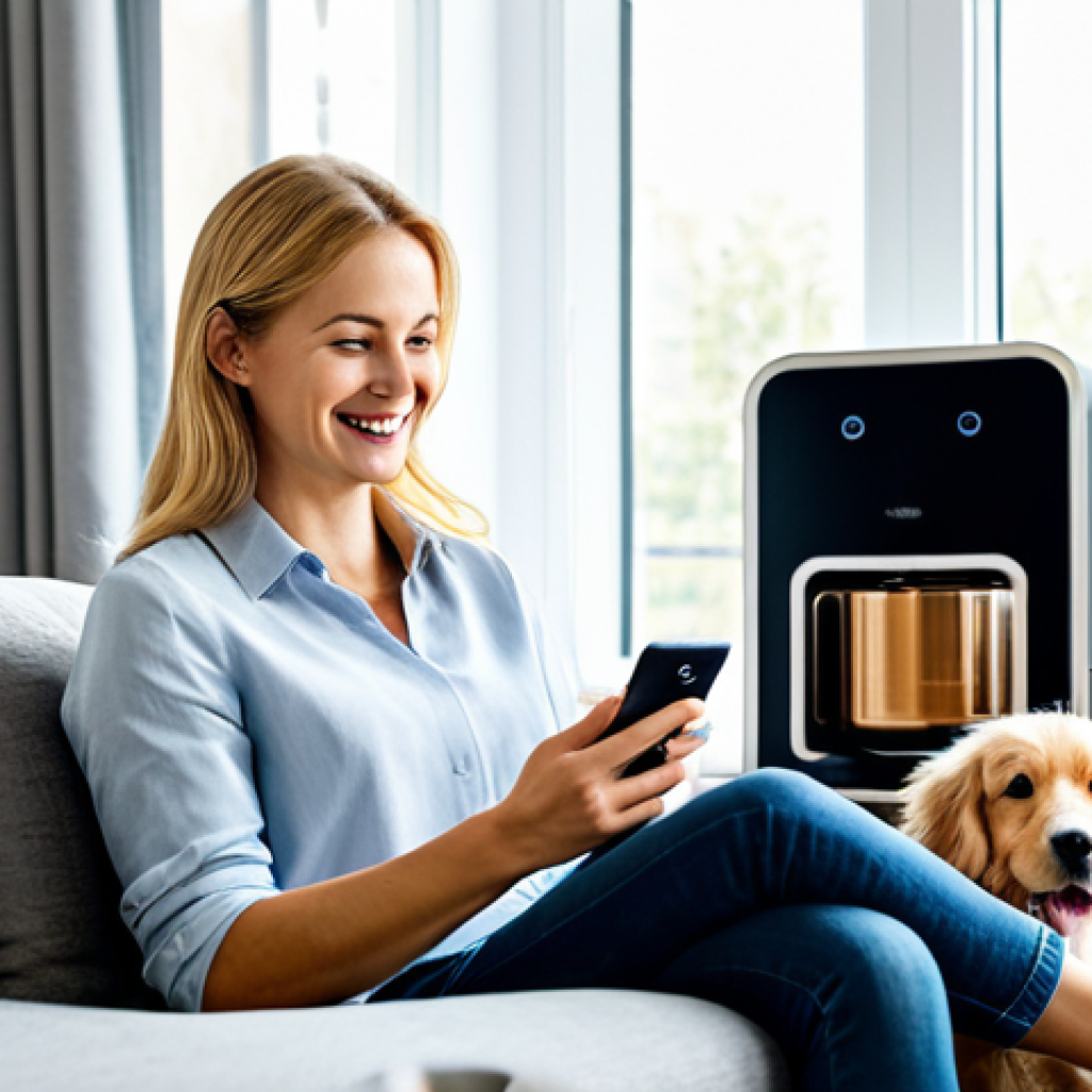 A professional businesswoman in her early 30s, dressed in a modest, modern business casual outfit, sitting comfortably on a sofa in a bright, modern living room. She is gently smiling, looking at her smartphone which displays an intuitive application interface for a smart pet feeder. Beside a sleek, contemporary automatic pet food dispenser, a happy, well-groomed Golden Retriever sits attentively, looking towards the feeder. The room is well-lit with natural light coming from a large window. The atmosphere is calm and showcases seamless technology integration for pet care. Perfect anatomy, correct proportions, natural pose, well-formed hands, proper finger count, natural body proportions, safe for work, appropriate content, fully clothed, modest clothing, family-friendly.