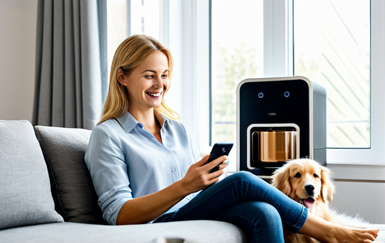 A professional businesswoman in her early 30s, dressed in a modest, modern business casual outfit, sitting comfortably on a sofa in a bright, modern living room. She is gently smiling, looking at her smartphone which displays an intuitive application interface for a smart pet feeder. Beside a sleek, contemporary automatic pet food dispenser, a happy, well-groomed Golden Retriever sits attentively, looking towards the feeder. The room is well-lit with natural light coming from a large window. The atmosphere is calm and showcases seamless technology integration for pet care. Perfect anatomy, correct proportions, natural pose, well-formed hands, proper finger count, natural body proportions, safe for work, appropriate content, fully clothed, modest clothing, family-friendly.