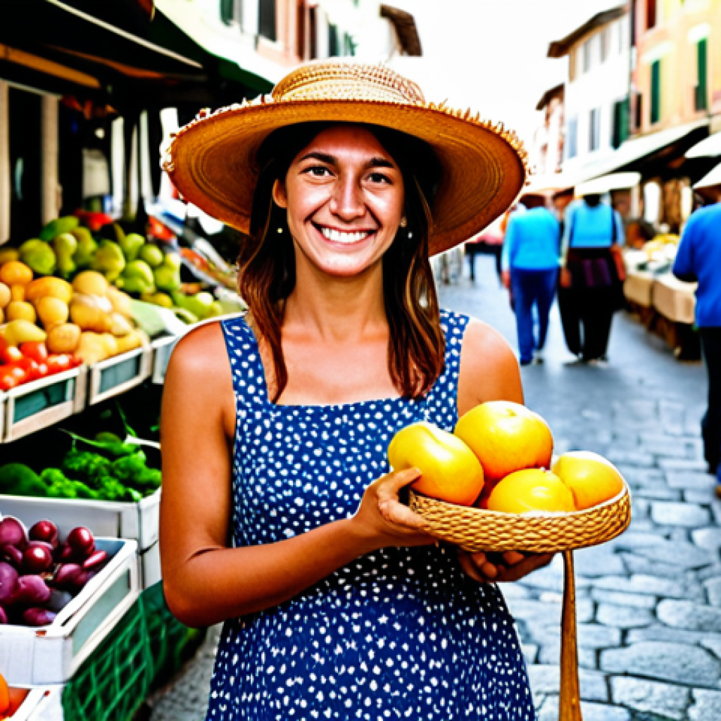 **

"A vibrant marketplace scene in Italy. A smiling woman, fully clothed in a floral sundress and straw hat, browses fresh produce. She's holding a sturdy jute shopping bag filled with colorful vegetables and fruits. In the background, stalls overflow with local goods. safe for work, appropriate content, fully clothed, professional photography, natural lighting, perfect anatomy, correct proportions, modest."

**