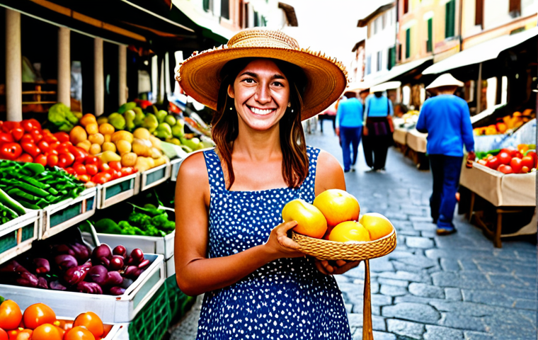 **

"A vibrant marketplace scene in Italy. A smiling woman, fully clothed in a floral sundress and straw hat, browses fresh produce. She's holding a sturdy jute shopping bag filled with colorful vegetables and fruits. In the background, stalls overflow with local goods. safe for work, appropriate content, fully clothed, professional photography, natural lighting, perfect anatomy, correct proportions, modest."

**