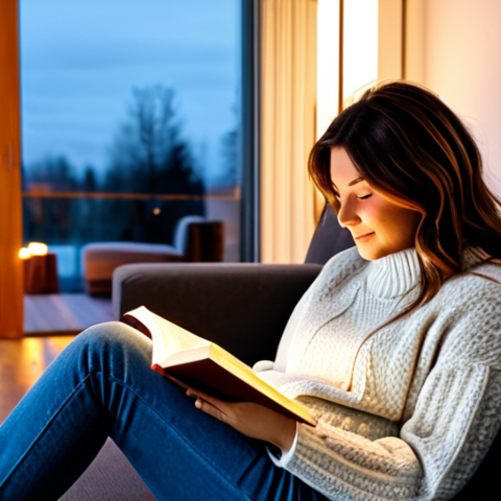 **
A modern living room at dusk, illuminated by soft, warm smart lighting. A woman in comfortable clothing (jeans and a sweater) is reading a book on the sofa. The smart lights are creating a relaxing atmosphere. "Safe for work", "appropriate content", "fully clothed", "family-friendly", "perfect anatomy", "correct proportions", "natural pose", "professional photography", "high quality".
**