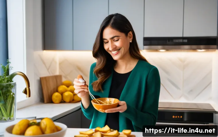 에어프라이어와 오븐의 차이점 - **Prompt:** A young, casually dressed Italian woman in her late twenties is happily plating a small ...