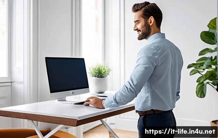 스탠딩 책상 매트의 장점 - **Prompt:** A diverse adult professional (e.g., a person of Italian descent, dressed in smart-casual...