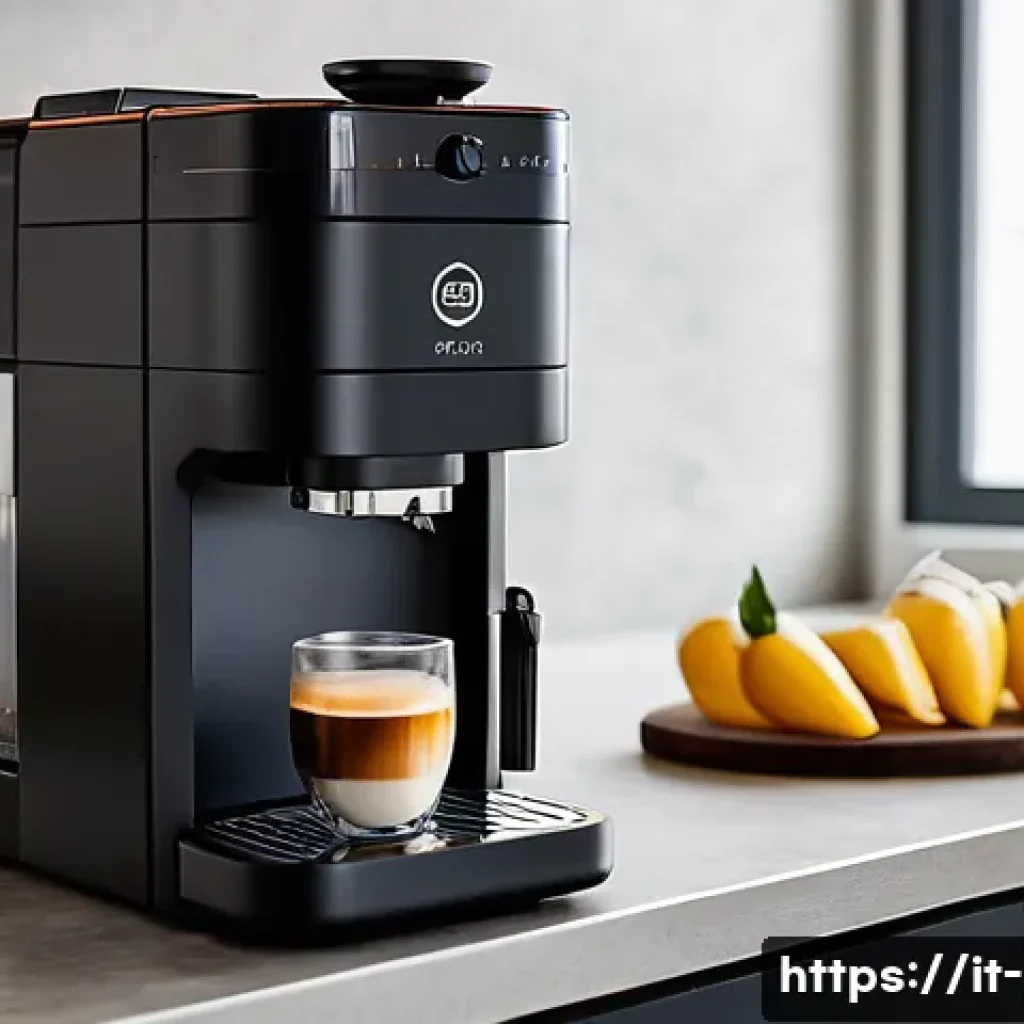 휴대용 에스프레소 머신의 장점 - A sleek, compact portable espresso machine in a modern kitchen setting, featuring durable aluminum a...