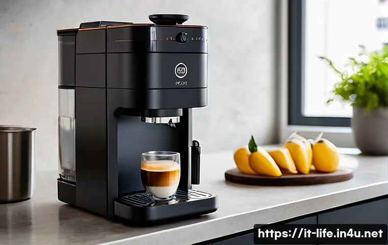 휴대용 에스프레소 머신의 장점 - A sleek, compact portable espresso machine in a modern kitchen setting, featuring durable aluminum a...