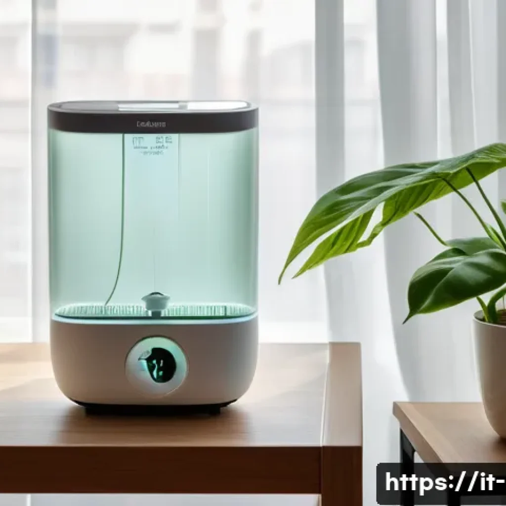 휴대용 제습기의 효율성 - A modern, compact portable dehumidifier with a digital hygrometer display on a wooden side table in ...