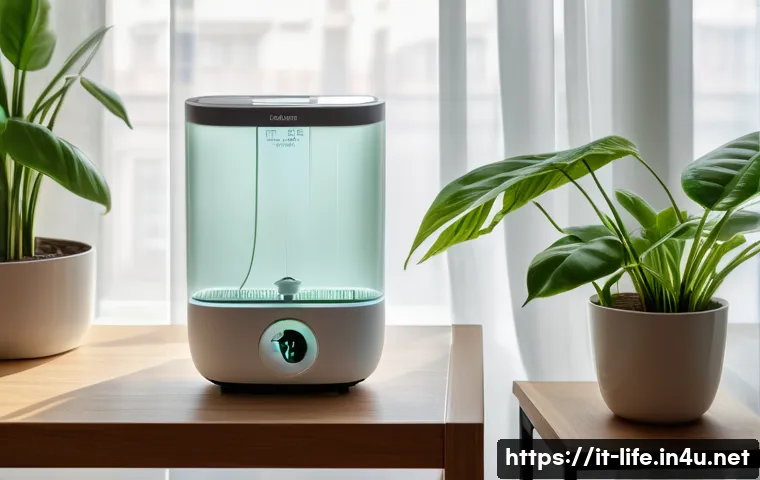 휴대용 제습기의 효율성 - A modern, compact portable dehumidifier with a digital hygrometer display on a wooden side table in ...