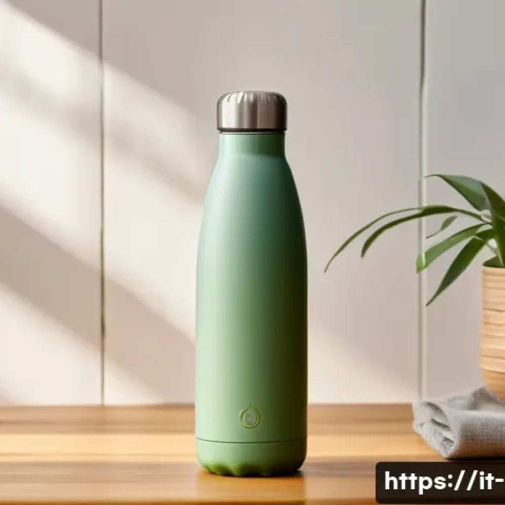 친환경 물병의 장점 - A sleek stainless steel eco-friendly water bottle standing upright on a wooden table, featuring a ma...