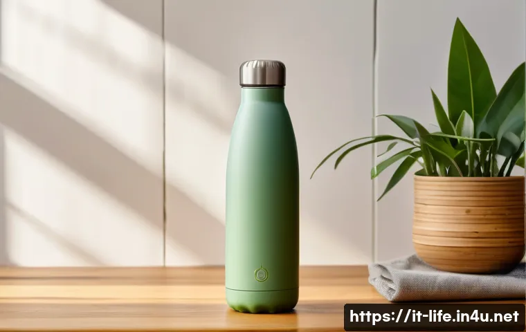 친환경 물병의 장점 - A sleek stainless steel eco-friendly water bottle standing upright on a wooden table, featuring a ma...