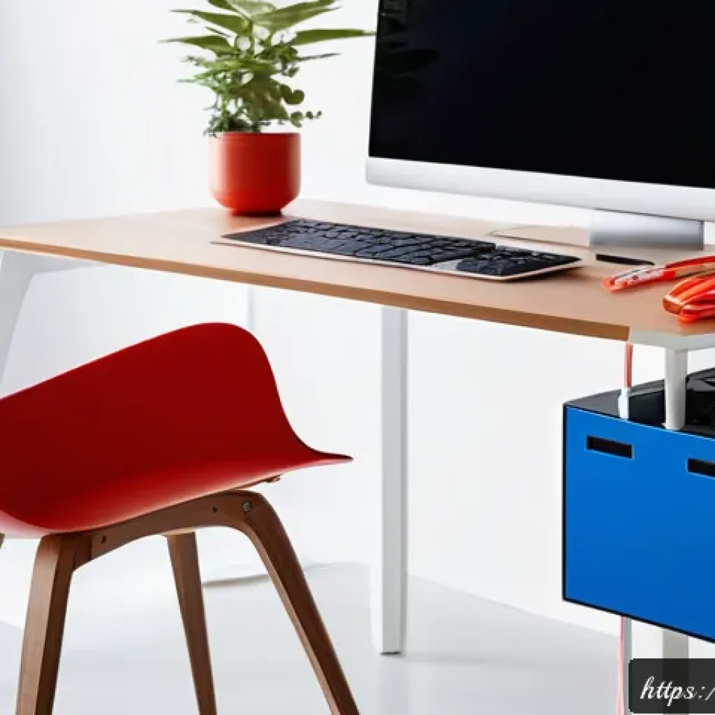 효율적인 전자기기 케이블 관리 방법 - A modern Italian home office setup with neatly organized cables using colorful adhesive labels—red f...