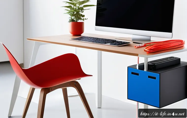효율적인 전자기기 케이블 관리 방법 - A modern Italian home office setup with neatly organized cables using colorful adhesive labels&mdash;red f...