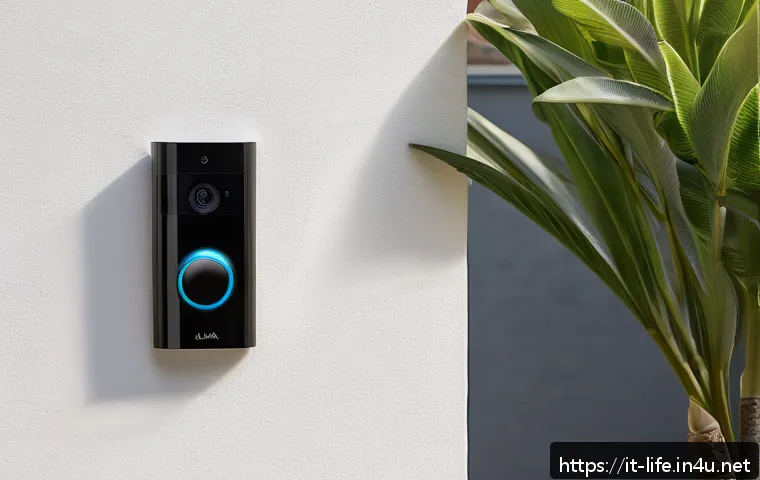 최고의 무선 도어벨 추천 - A sleek, modern wireless video doorbell mounted on the exterior wall of a stylish Italian suburban h...