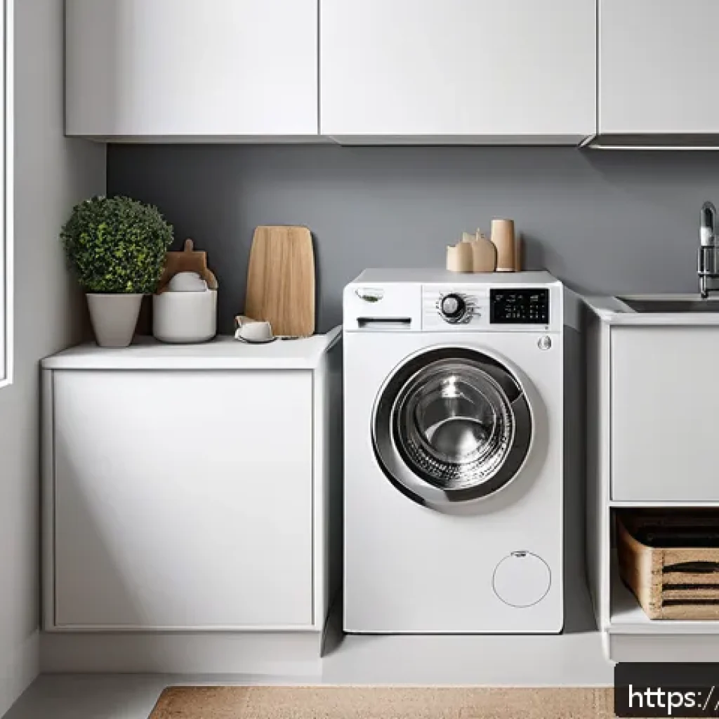 미니 세탁기의 장점과 단점 - A modern compact mini washing machine placed neatly on a kitchen countertop in a small urban apartme...