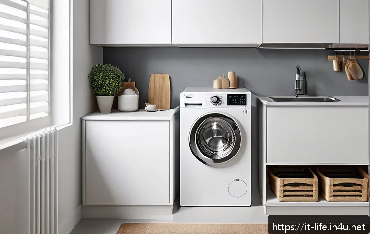 미니 세탁기의 장점과 단점 - A modern compact mini washing machine placed neatly on a kitchen countertop in a small urban apartme...