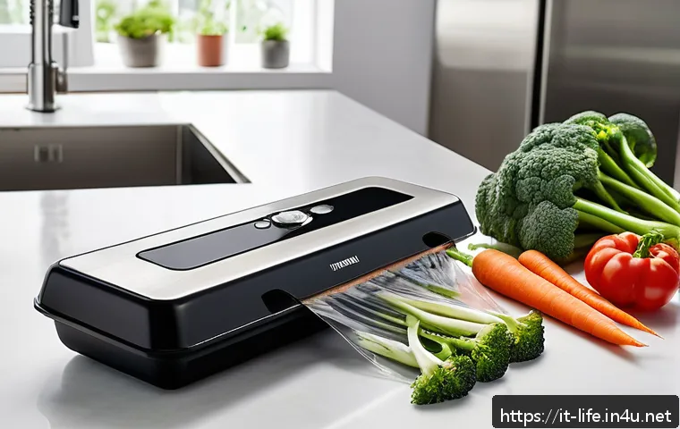 소형 진공포장기의 활용 팁 - A modern Italian kitchen countertop featuring a compact vacuum sealer device, approximately 30x15x10...
