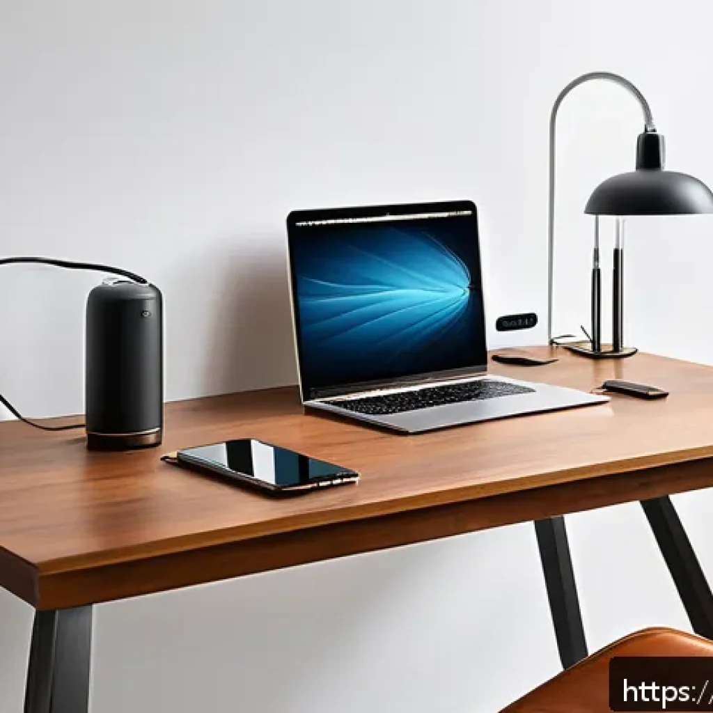 미니 멀티탭의 효율적인 활용법 - A modern Italian home office setup featuring a sleek, compact mini power strip with multiple outlets...