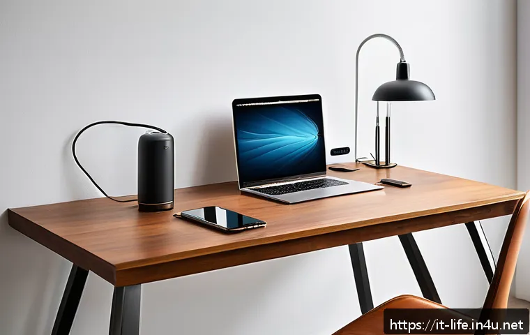 미니 멀티탭의 효율적인 활용법 - A modern Italian home office setup featuring a sleek, compact mini power strip with multiple outlets...