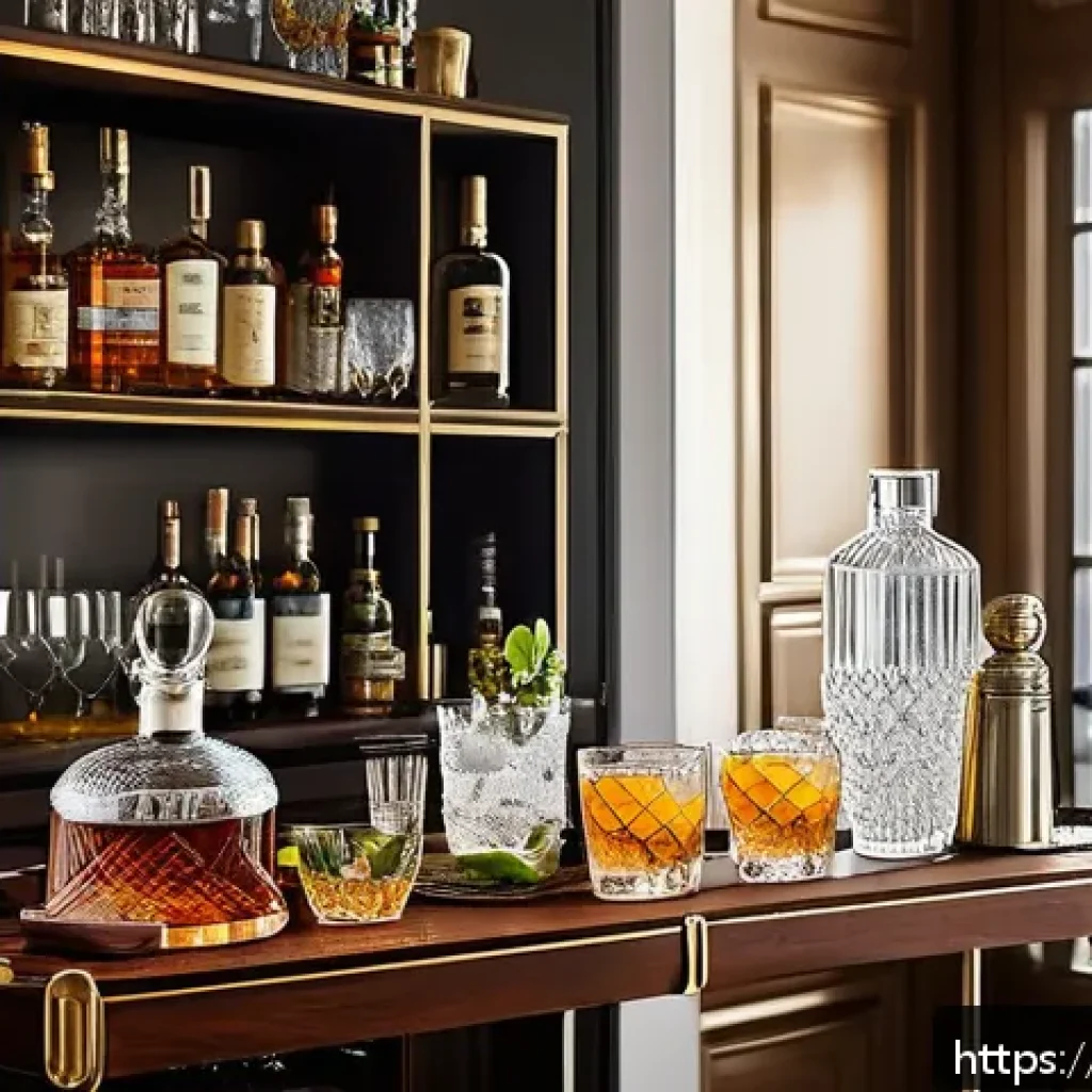 미니 홈바 아이템 추천 - A stylish mini home bar setup featuring a polished wooden modular bar cart with brass handles, equip...