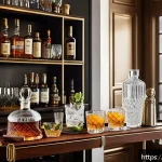 Home 22 미니 홈바 아이템 추천 - A stylish mini home bar setup featuring a polished wooden modular bar cart with brass handles, equip...