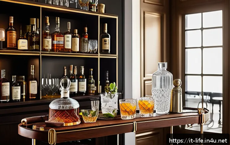 미니 홈바 아이템 추천 - A stylish mini home bar setup featuring a polished wooden modular bar cart with brass handles, equip...