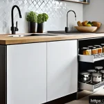 Home 21 효율적인 주방 정리 아이템 추천 - A modern compact kitchen interior featuring sleek pull-out shelves installed under the sink, made of...