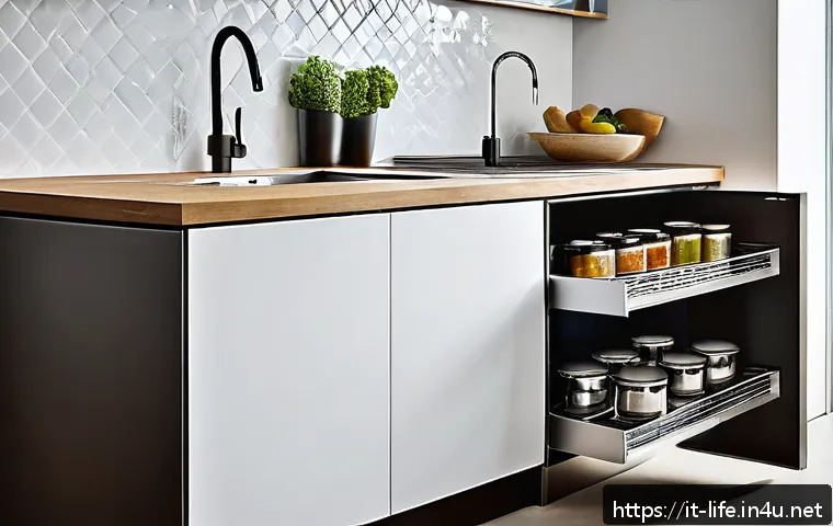 효율적인 주방 정리 아이템 추천 - A modern compact kitchen interior featuring sleek pull-out shelves installed under the sink, made of...