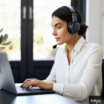Home 20 무선 이어폰과 헤드폰 비교 - A modern Italian home office scene featuring a young professional woman wearing premium over-ear wir...
