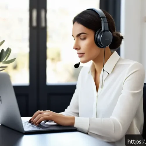 Home 32 무선 이어폰과 헤드폰 비교 - A modern Italian home office scene featuring a young professional woman wearing premium over-ear wir...