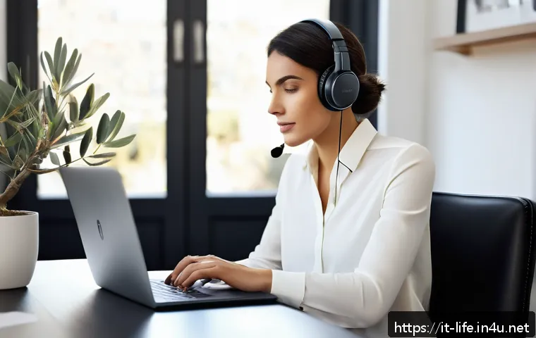 무선 이어폰과 헤드폰 비교 - A modern Italian home office scene featuring a young professional woman wearing premium over-ear wir...