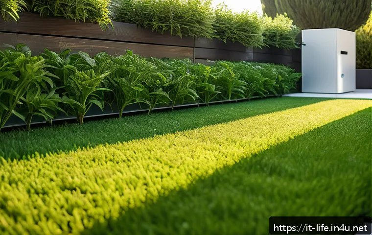 스마트 잔디 관리 장치 추천 - A modern Italian suburban garden featuring an automatic irrigation system with sleek, discreet soil ...