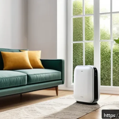 Home 30 자동차용 공기청정기와 가정용 비교 - A sleek, modern home air purifier placed in a bright Italian living room with Mediterranean style de...