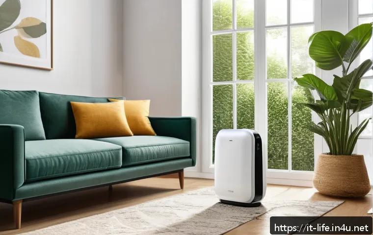 자동차용 공기청정기와 가정용 비교 - A sleek, modern home air purifier placed in a bright Italian living room with Mediterranean style de...