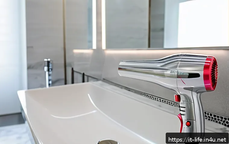 다기능 헤어드라이기의 최신 기술 - A sleek, modern hairdryer with a digital brushless motor resting on a marble bathroom countertop in ...