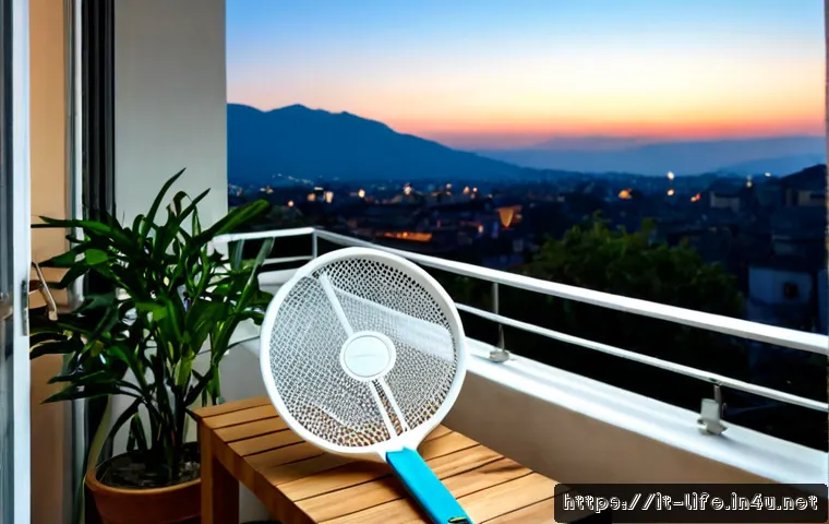 전기 모기채와 일반 모기채 비교 - Photorealistic side-by-side comparison on a clean Italian apartment balcony at dusk: a modern electr...